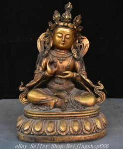 18" Old Chinese Purple Bronze 24K Gold Gilt Green Tara Guan Yin Goddess Statue - Picture 1 of 12