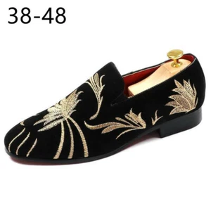 Herren Samt Bestickt National Oxford Slip-On Slipper Kleid Kunstwildleder Schuhe - Bild 1 von 6