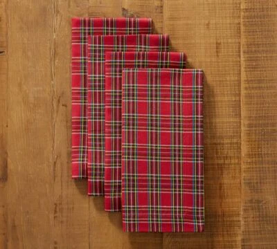 Pottery Barn MADISON PLAID Fabric Christmas Napkins 4-Pack NEW NWT Retail $48 - Image 1 of 4