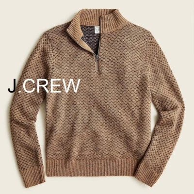 JCREW Tall sweater 1/4 zip brown merino wool high mock neck tan beige bird's eye - Image 1 of 4