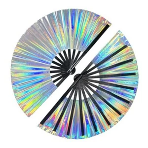 Large Folding Hand Rave Fan,Clack Handheld Fan,Holographic Colors Hand Laser - Picture 1 of 7