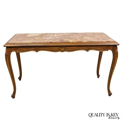 Antique French Louis XV Style Carved Walnut Rouge Marble Top Console Hall Table - Image 1 of 4