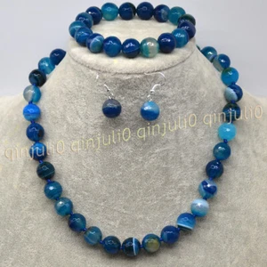 Faceted 6/8/10/12mm Blue Striped Agate Gem Round Beads Necklace Bracelet Earring - Picture 1 of 10