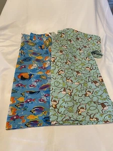 Preowned Tafford Women’s Scrub Tops, Aquarium & Monkey Print, Med, sold as set - Picture 1 of 12