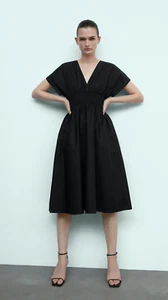 ZARA Black Poplin Kimono S/S Elastic Waist Pockets Midi Dress S 8 10 NEW NWT - Picture 1 of 12