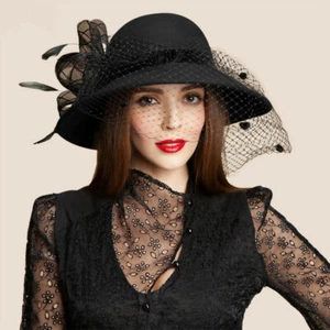 Womens Black Wool Felt Floral Veil Netting Feather Wide Brim Derby Hat A322 - Picture 1 of 7