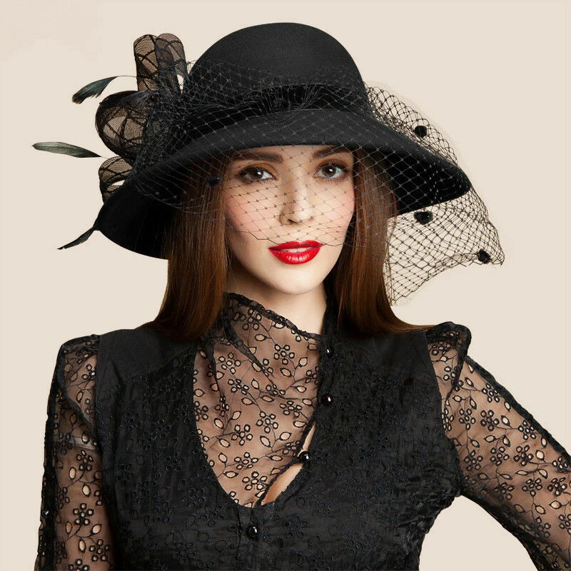Lady Black Wool Felt Floral Veil Netting Feather Wide Brim Derby Party Hat A322