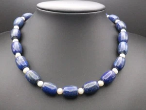 GOLDJUNGE69 GJH * DAMEN HALSKETTE LAPIS & SÜSSWASSER PERLE 18x13mm mm BLAU * - Bild 1 von 3