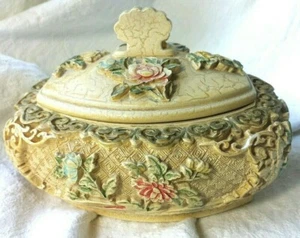 VINTAGE SCHMUCKKÄSTCHEN Schmuck BLUMEN geschnitzt erhaben Relief Deckel oval OVAL Eitelkeit LG - Bild 1 von 12