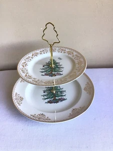 Spode Christmas Tree Gold Two Tiered Holiday Traditional Dessert Cake Stand - Picture 1 of 9