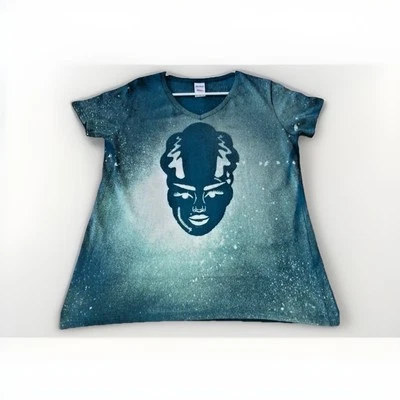 Halloween Bride of Frankenstein Goth T 恤女式大号 V 领绿色 — 第 1/4 张图片