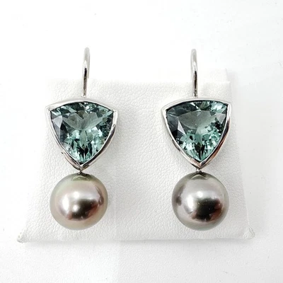 Platinum Custom Made Blue-Green Tourmaline and Tahitian Black Pearl Drop Earring Foto 1 de 4