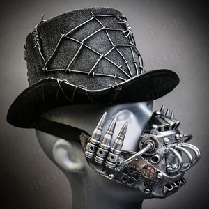 Burning Man Spinnennetz Zylinder Hut mit SILBERNER Roboter Maske Halloween Steampunk Kostüm - Bild 1 von 5