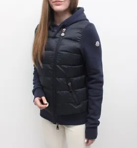 Women's MONCLER Maglia Cardigan Down Puffer Jacket Hybrid Hooded Navy M - Picture 1 of 19