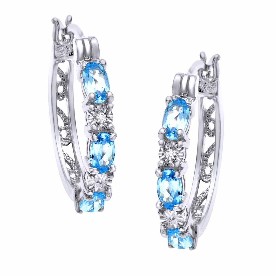 Pendientes Huggie Aro Topacio Simulado y Diamante Natural Chapados en Oro Blanco 14k Foto 1 de 4