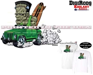 Digirods Frankenstein Monster Surf's Up The Thing Hot Rod Car Cartoon T Shirt - Picture 1 of 6