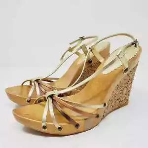 Jessica Simpson Cork Foil Leather Straps Wooden Retro Wedges Size 9B - Picture 1 of 10