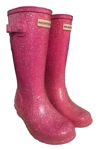 Botas de lluvia Hunter Sparkle rosa oscuro de goma UK2 US 3/4b brillantes niñas niños pequeños - Imagen 1 de 9