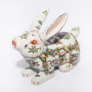 Vintage Famille Rose Bunny Rabbit Gilt Ceramic Sculpture, Hand Painted, Floral - Picture 1 of 6