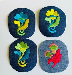 Vintage Denim Embroidered Flower Iron On Patch Flowers Patches Pink Green Blue - Picture 1 of 13