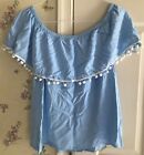 ??Charming Charlie Sz L Summer Top On-Off-The Shoulder Chambray Blue Pom-Pom