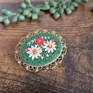 Vintage Brosche goldfarben grün Blumenmuster Mikromosaik Italien - Bild 1 von 4