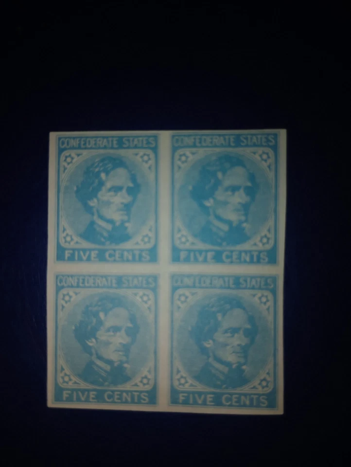(4) Estampillas facsímil de cinco centavos de los Estados Confederados de CSA sin cortar #205  Foto 1 de 4