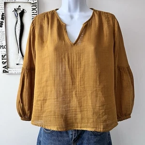Madewell 100% Cotton Shirred-Neck Balloon Sleeve Antique Gold Top Size XXS - Picture 1 of 8