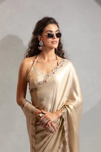 Beautiful Beige Stone Hand Work Satin Georgette Saree For Women, Foil Work Saree - Picture 1 of 16