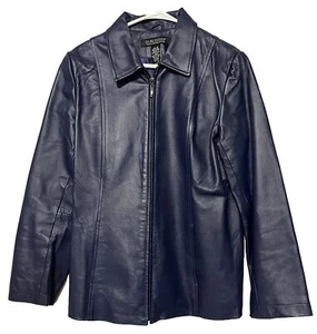 Dialogue The New Language of Style Womens M Leather Coat Blue Blazer Jacket Vtg - Picture 1 of 12