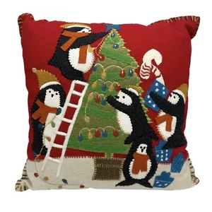 Pier 1 Pingüino Árbol de Navidad Almohada Coussin Fieltro Lana Bordada 16” NUEVO - Imagen 1 de 9