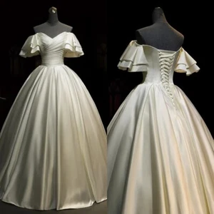 Victorian Satin Wedding Dresses Simple Flare Sleeves Off Shoulder Bridal Gowns - Picture 1 of 9