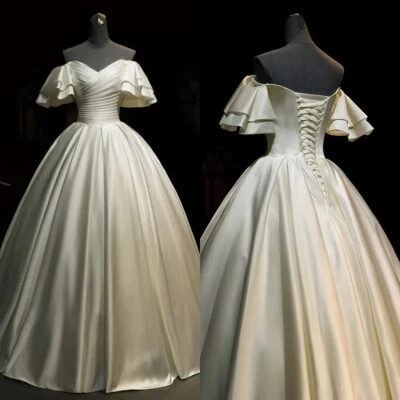 Victorian Satin Wedding Dresses Simple Flare Sleeves Off Shoulder Bridal Gowns - Image 1 of 4