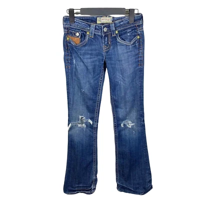 Jeans de bota de tiro bajo MEK Boulder talla 25 32 Bolsillos con solapa de botón Desgastados Grunge Foto 1 de 4