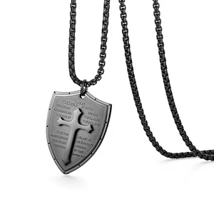 Men Stainless Steel Shield Armor of God Ephesians 6:16-17 Cross Pendant Necklace - Picture 1 of 8