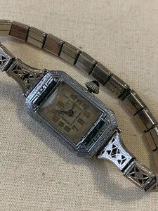 Antique Windsor Ladies White Plated Gold Emerald watch w/Half Sun or Flower Case - Picture 1 of 10