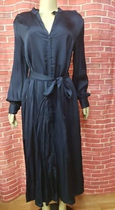 H&M NAVY BLUE VISCOSE WOMEN'S SIZE 8 MIDI DRESS BUTTONS FRONT W/POCKETS NEW #C - Picture 1 of 12
