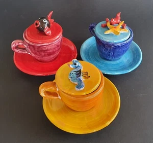 Vintage Amalfi Coast Vietri Ceramics - Praiano Covered Coffee Cups Italy X 3 - Picture 1 of 13