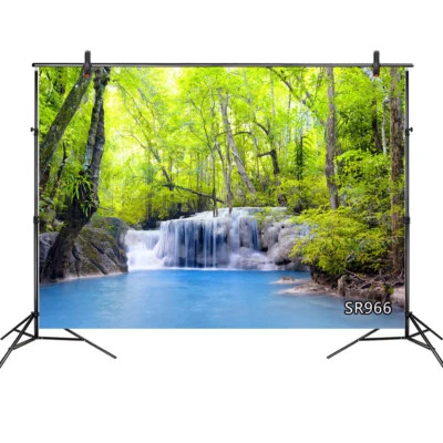 10x8FT Spring Trees Forest Waterfall Clean Lake Vinyl Backdrop Photo Background - Image 1 of 4