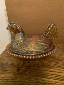 De colección Indiana Vidrio Ámbar Iridiscente Gallina Pollo En Nido con Plato Cubierto - Imagen 1 de 24