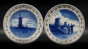 A PERFECT set antique Porceleyne Fles WW1 blue & white Delft plates 1917 + 1918 - Picture 1 of 2