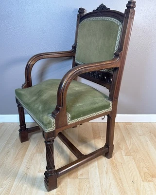 French Antique Solid Walnut Gothic Revival Upholstered Chair Armchair - Image 1 of 4