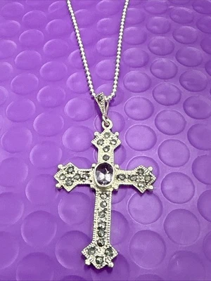 ❤️ Cross Pendant Necklace Sterling Silver Amethyst Marcasite 20” Chain - Image 1 of 4