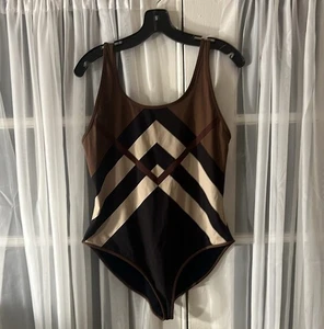 Burberry Dark Birch Brown Jolie Chevron Check One-Piece Swimsuit Women’s X-Large - Picture 1 of 12