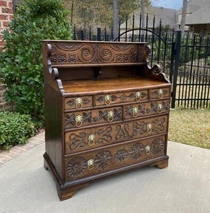 Antique English Chest of 7 Drawers Georgian Brass Lion Pulls CARVED Oak 18th C - Picture 1 of 12