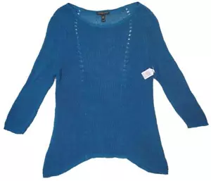 EILEEN FISHER maglione donna Teal 3/4 Slv ASIMMETRICO LINO ORGANICO Pet. Med - Foto 1 di 2