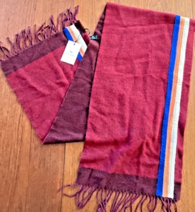 NEW PS Paul Smith Large Aggugliato Fringed Dk Red Scarf Stripe Edge ITALY NWT - Picture 1 of 8