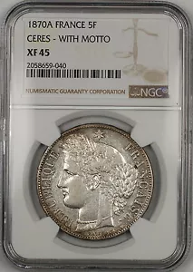 1870A Ceres with Motto France 5F Francs Silver Coin NGC XF-45 - Picture 1 of 2