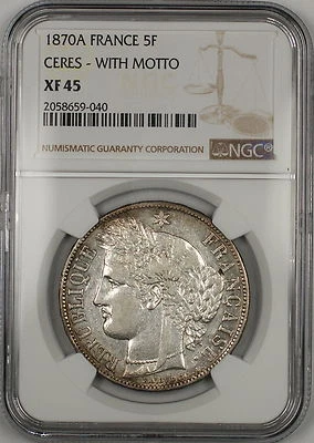 1870A Ceres with Motto France 5F Francs Silver Coin NGC XF-45 - Image 1 of 2