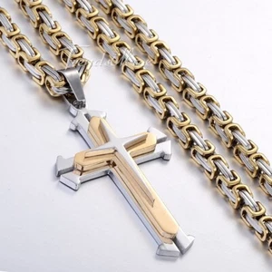 18-24" Stainless Steel Cross Pendant Charm Necklace Gold Plated Byzantine Chain - Picture 1 of 13